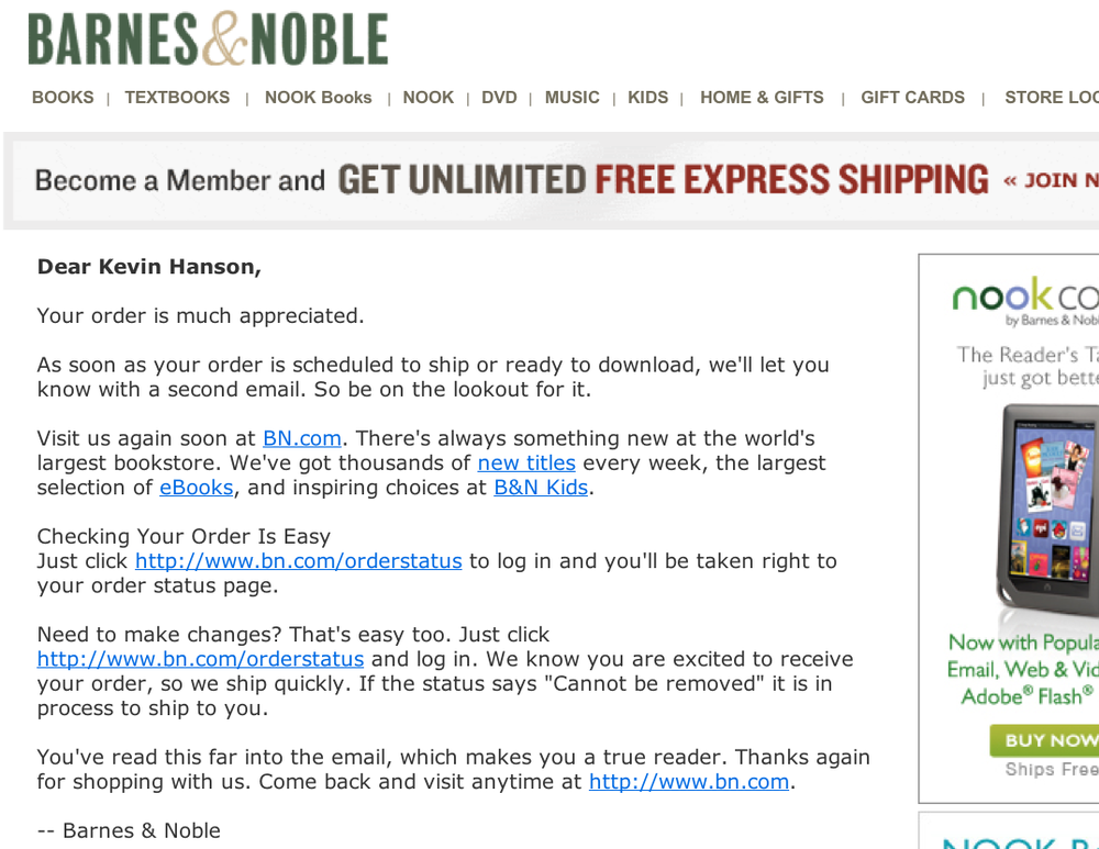 Barnes & Noble HP TouchPad Order Confirmation