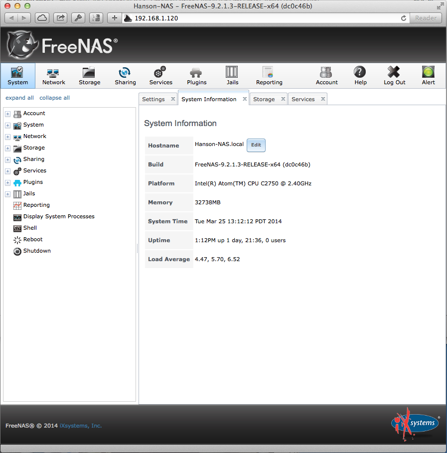 The Default FreeNAS Home Screen